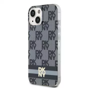 DKNY DKHMP14SHCPTSK Cietais maciņš iPhone 14/15, rūtains monoraksts un drukātas svītras, melns, MagSafe