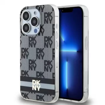 DKNY DKHMP15LHCPTSK Cietais maciņš Apple iPhone 15 Pro 6,1 inch - Melns rūtains mono raksts un drukātas svītras ar MagSafe