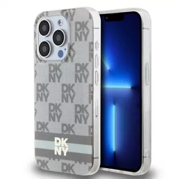 DKNY DKHMP13LHCPTSE Hardcase Apple iPhone 13 Pro / iPhone 13, bēšs rūtains mono raksts un drukātas svītras, saderīgs ar MagSafe