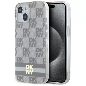 DKNY DKHMP15SHCPTSE Cietais maciņš Apple iPhone 15 / 14 / 13 6,1 inch Bēšs rūtains vienkrāsains raksts un drukātas svītras MagSafe