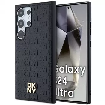 DKNY DKHMS24LPSHRPSK Cietais vāciņš Samsung Galaxy S24 Ultra, melns ādas raksts ar metāla logotipu, saderīgs ar MagSafe