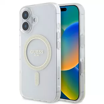 Guess GUHMP16SHFGERET iPhone 16 Caurspīdīgs cietais vāciņš IML Glitter Circle MagSafe