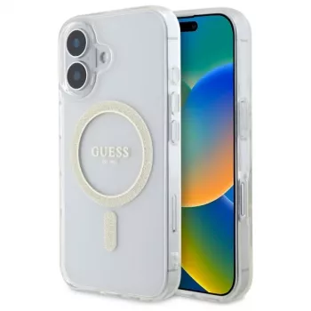 Guess GUHMP16MHFGERET iPhone 16 Plus 6,7 inch Cietais vāciņš caurspīdīgs IML Glitter Circle MagSafe