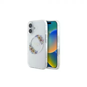 Guess GUHMP16MHFWFCT iPhone 16 Plus 6,7 inch Cietais vāciņš caurspīdīgs IML Flowers Wreath MagSafe