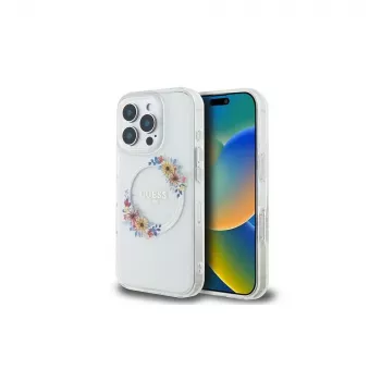 Guess GUHMP16LHFWFCT Hardcase iPhone 16 Pro 6,3 inch Caurspīdīgs IML Flowers Wreath MagSafe