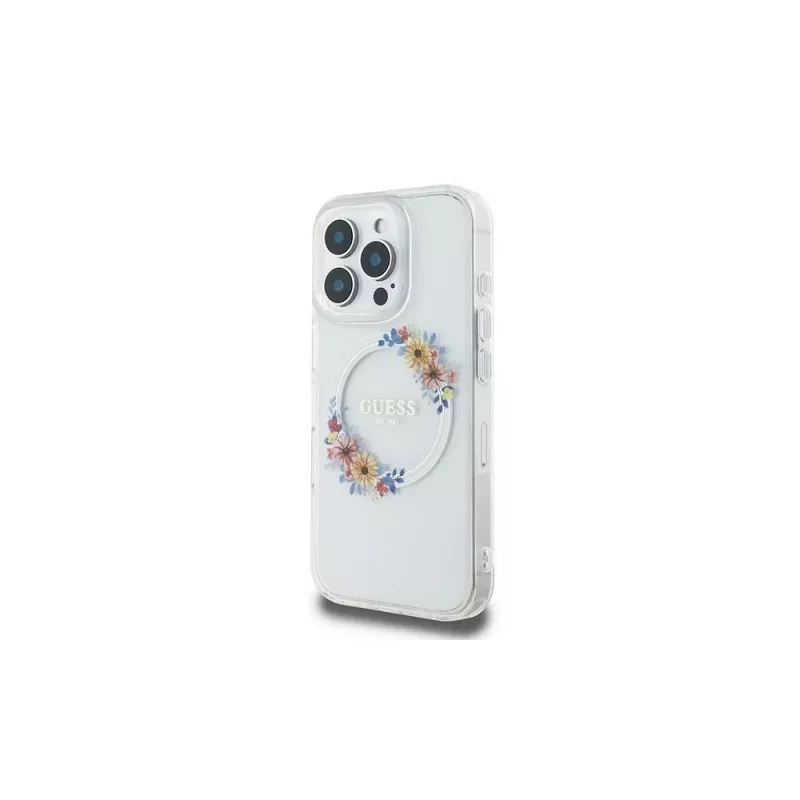 Guess GUHMP16LHFWFCT Hardcase iPhone 16 Pro 6,3 inch Caurspīdīgs IML Flowers Wreath MagSafe