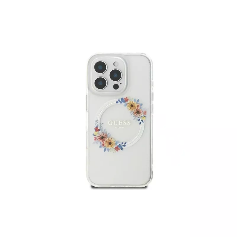 Guess GUHMP16LHFWFCT Hardcase iPhone 16 Pro 6,3 inch Caurspīdīgs IML Flowers Wreath MagSafe