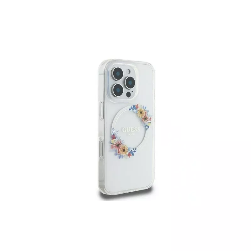 Guess GUHMP16LHFWFCT Hardcase iPhone 16 Pro 6,3 inch Caurspīdīgs IML Flowers Wreath MagSafe