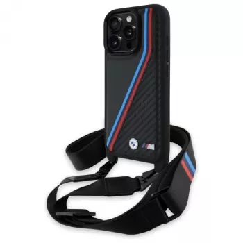 BMW M Edition Carbon Tricolor Lines & Strap Hard Case for iPhone 16 Pro 6.3 Black