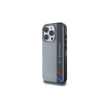 BMW Motorsport cietais maciņš Apple iPhone 16 Pro 6,3 collu pelēks IML vertikāla svītra