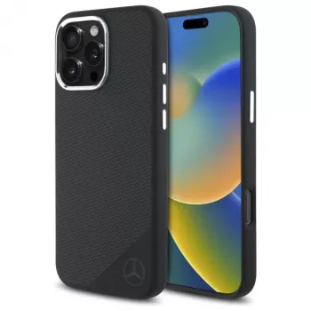 Mercedes-Benz iPhone 16 Pro 6,3 inch Silikona cietais vāciņš ar tonālo logotipu un koka rakstu, MagSafe - Melns