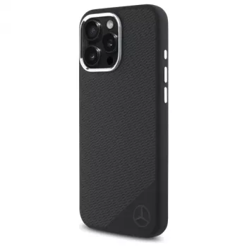 Mercedes-Benz iPhone 16 Pro 6,3 inch Silikona cietais vāciņš ar tonālo logotipu un koka rakstu, MagSafe - Melns