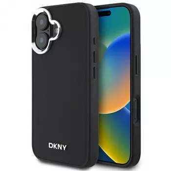 DKNY DKHMP16SPSCMCLK Cietais maciņš Apple iPhone 16 6,1 collas Melns Vienkāršs Sudraba logotips MagSafe