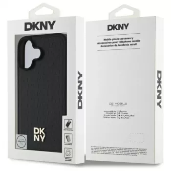 DKNY DKHMP16SPSHRPSK iPhone 16 6.1 cietais vāciņš melns Repeat Pattern Stack Logo MagSafe