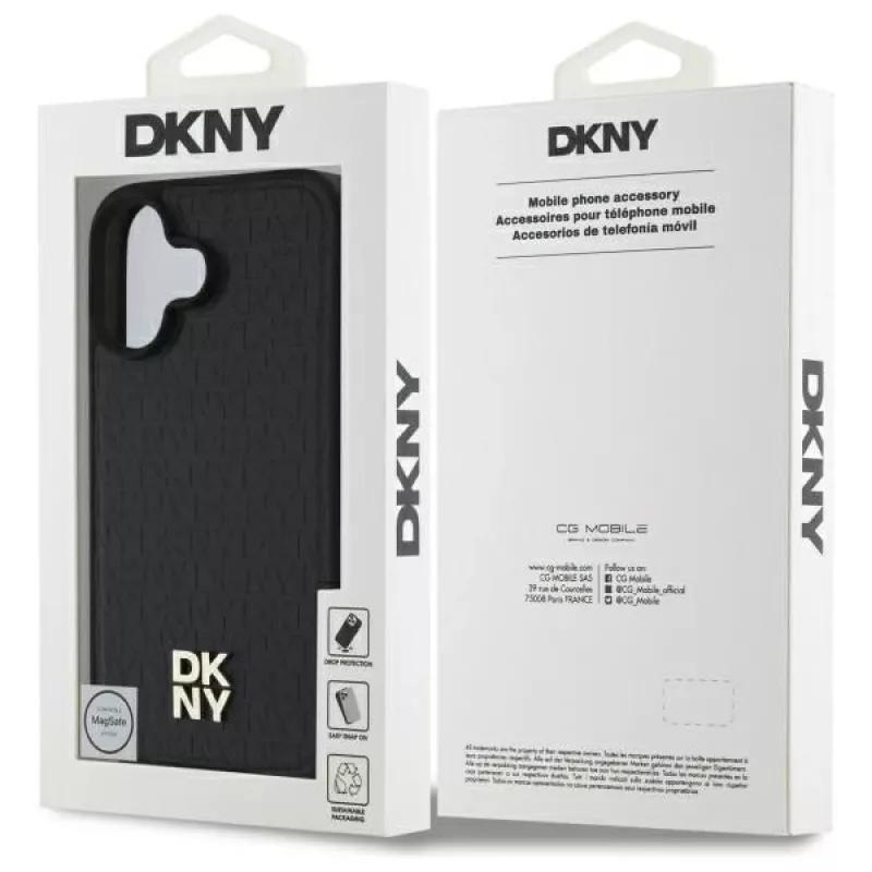DKNY DKHMP16SPSHRPSK iPhone 16 6.1 cietais vāciņš melns Repeat Pattern Stack Logo MagSafe