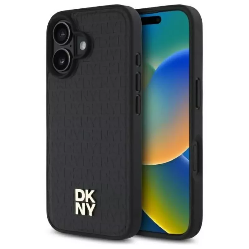DKNY DKHMP16SPSHRPSK iPhone 16 6.1 cietais vāciņš melns Repeat Pattern Stack Logo MagSafe