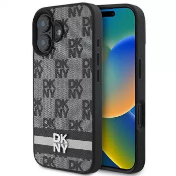 DKNY DKHCP16SPCPTSSK Cietais maciņš Apple iPhone 16 6,1 collu rūtainā rakstā un drukātās svītrās melns