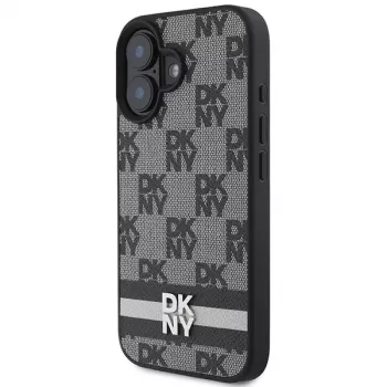 DKNY DKHCP16SPCPTSSK Cietais maciņš Apple iPhone 16 6,1 collu rūtainā rakstā un drukātās svītrās melns