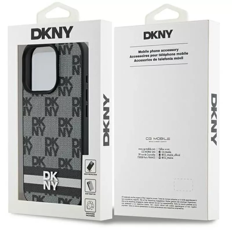 DKNY DKHCP16LPCPTSSK cietais maciņš Apple iPhone 16 Pro 6,3 collu melns ar rūtainu rakstu un drukātām svītrām