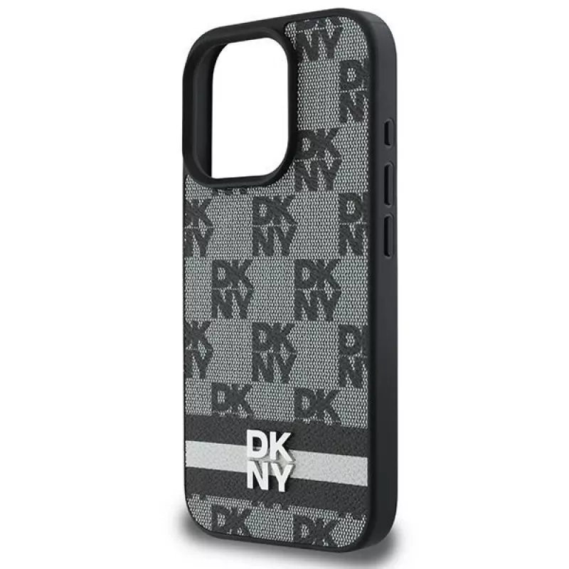 DKNY DKHCP16LPCPTSSK cietais maciņš Apple iPhone 16 Pro 6,3 collu melns ar rūtainu rakstu un drukātām svītrām