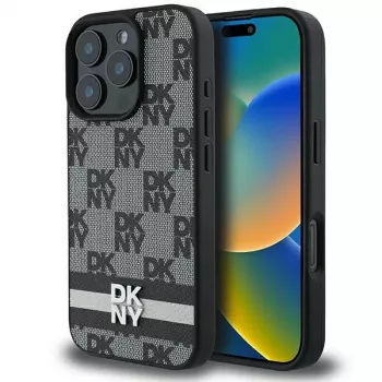 DKNY DKHCP16XPCPTSSK Cietais maciņš iPhone 16 Pro Max 6,9 collas Melns Rūtains raksts un drukātas svītras