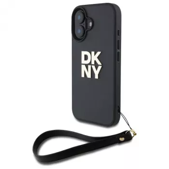 DKNY DKHCP16SPBSWSK Cietais maciņš Apple iPhone 16 6,1 collu melns ar plaukstas siksniņu
