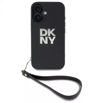 DKNY DKHCP16SPBSWSK Cietais maciņš Apple iPhone 16 6,1 collu melns ar plaukstas siksniņu