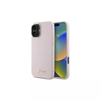 Guess GUHCP16MSMBSLP iPhone 16 Plus 6,7 collu rozā silikona cietais maciņš ar Script metāla logotipu un rāmi