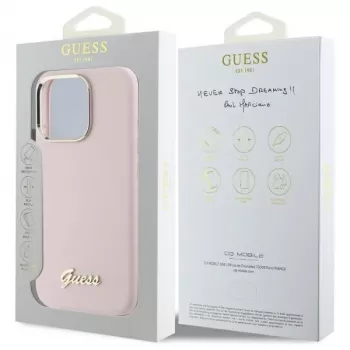 Guess GUHCP16LSMBSLP iPhone 16 Pro 6.3 collu rozā silikona cietais vāciņš ar Script metāla logotipu un rāmi