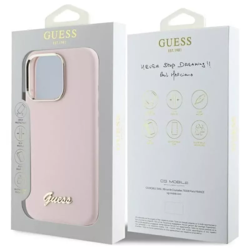 Guess GUHCP16LSMBSLP iPhone 16 Pro 6.3 collu rozā silikona cietais vāciņš ar Script metāla logotipu un rāmi