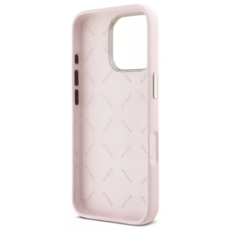 Guess GUHCP16LSMBSLP iPhone 16 Pro 6.3 collu rozā silikona cietais vāciņš ar Script metāla logotipu un rāmi
