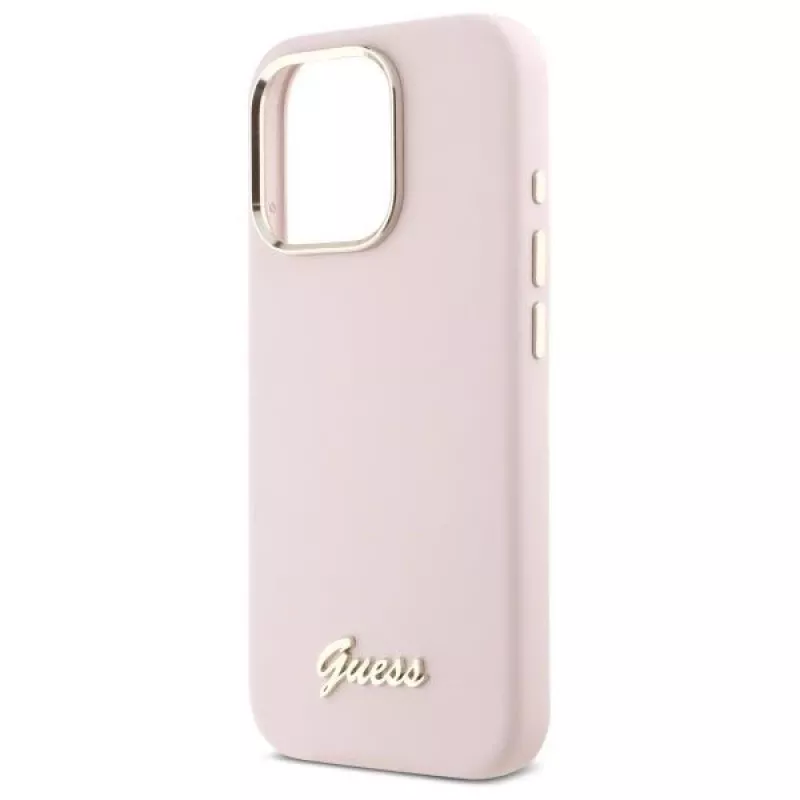 Guess GUHCP16LSMBSLP iPhone 16 Pro 6.3 collu rozā silikona cietais vāciņš ar Script metāla logotipu un rāmi