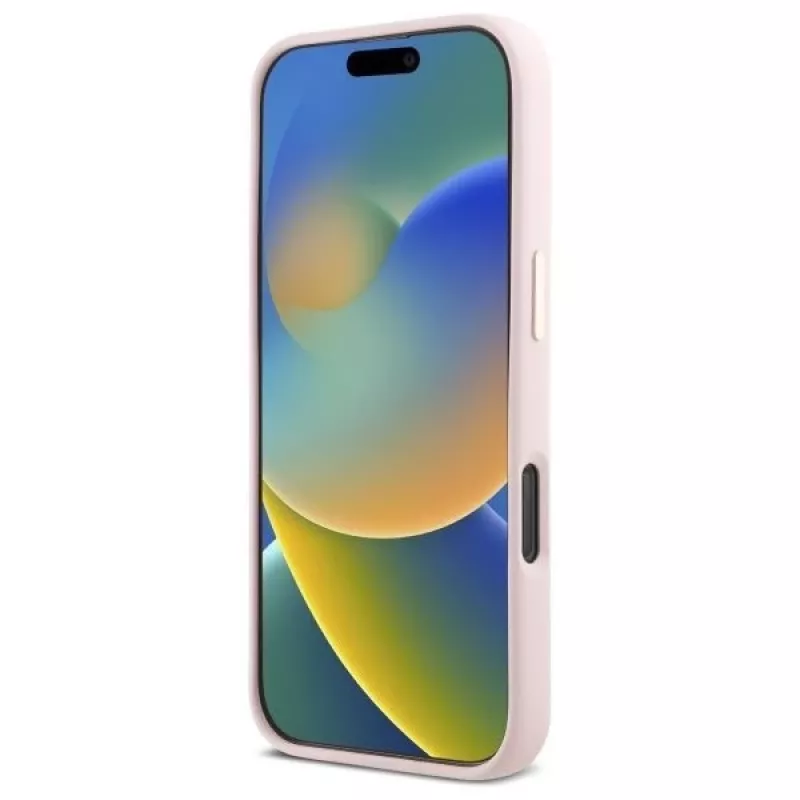Guess GUHCP16LSMBSLP iPhone 16 Pro 6.3 collu rozā silikona cietais vāciņš ar Script metāla logotipu un rāmi