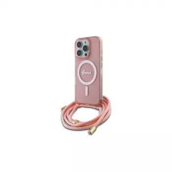 Guess GUHMP16XHCTSGNSP iPhone 16 Pro Max 6,9 collu rozā cietais maciņš Crossbody Cord Script MagSafe