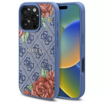 Guess GUHMP16LP4ROPEMCB iPhone 16 Pro 6,3 collu zils cietais vāciņš 4G Flowers Print MagSafe