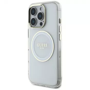 Guess IML Metal Colored Circle Classic Logo MagSafe Maciņš iPhone 16 Pro (Balts)