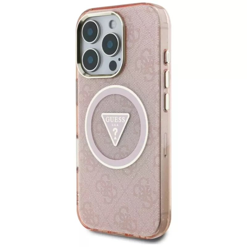 Guess IML Metal Glitter 4G Circle Triangle MagSafe Maciņš Apple iPhone 16 Pro Max (Rozā)