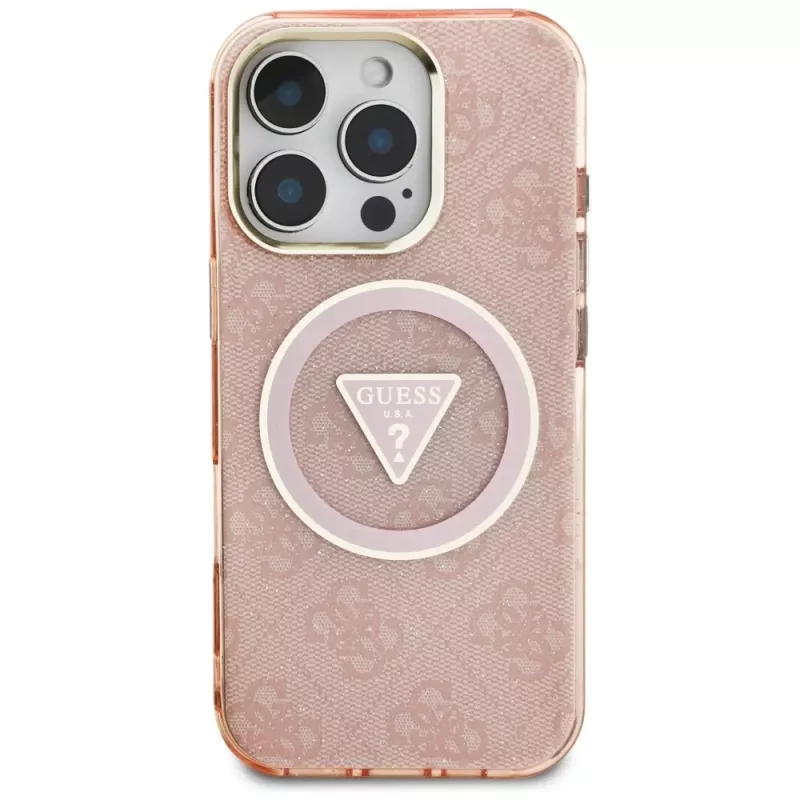 Guess IML Metal Glitter 4G Circle Triangle MagSafe Maciņš Apple iPhone 16 Pro Max (Rozā)