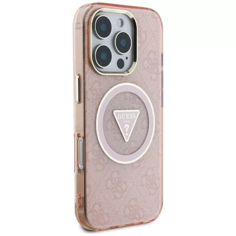 Guess IML Metal Glitter 4G Circle Triangle MagSafe Maciņš Apple iPhone 16 Pro Max (Rozā)
