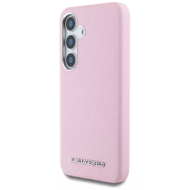 Karl Lagerfeld Saffiano FullWrapped Elongated Metal Logo MagSafe Case for Samsung Galaxy S25 Pink