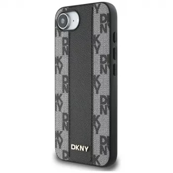 DKNY Leather Checkered Mono Pattern MagSafe Case for iPhone 16e / 17e Black