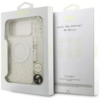 Guess IML Flowers Electro Pearl Strap MagSafe Case for iPhone 17 Pro Max White