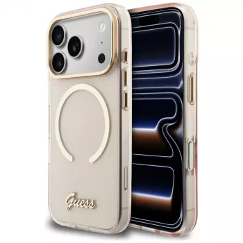 Guess IML Script Metal MagSafe Maciņš iPhone 15 Pro, Rozā