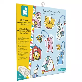Janod DIY Shrink Plastic Art Kit - Kaķi un Suņi - 10 Rotājumi - Vecumam no 7+ gadiem