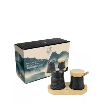 Peugeot Bali Fonte Sāls un Piparu Dzirnaviņu Komplekts ar Koka Paplāti, 8 cm, Melns