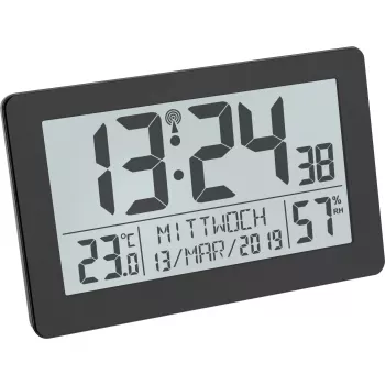 TFA Dostmann 60.2557.01 Radio vadāms pulkstenis ar telpas klimatu, liels displejs, melns