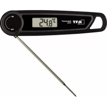 TFA THERMO JACK TASTE Digitālais virtuves termometrs ar taimeri un trauksmi, nerūsējošā tērauda zonde, 160 mm, -50 līdz +300 °C, LCD displejs, melns/balts