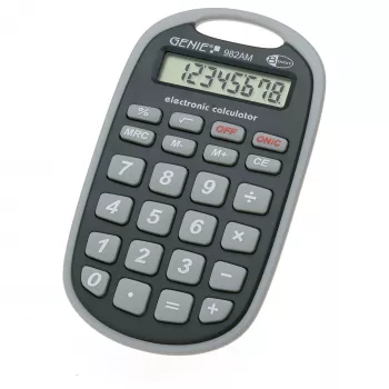 Genie 982 AM kabatas kalkulators ar aizsargapvalku, 8 ciparu LCD displejs, divkāršā barošana (saules un baterija), melns/pelēks