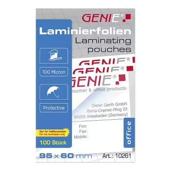 Genie 10261 Laminēšanas kabatiņas Caurspīdīgas 95x60mm 100 iepakojums