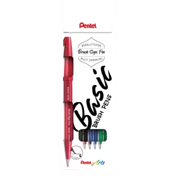 Pentel Sign Brush Pen Set 4 jauktas krāsas melna sarkana zila zaļa
